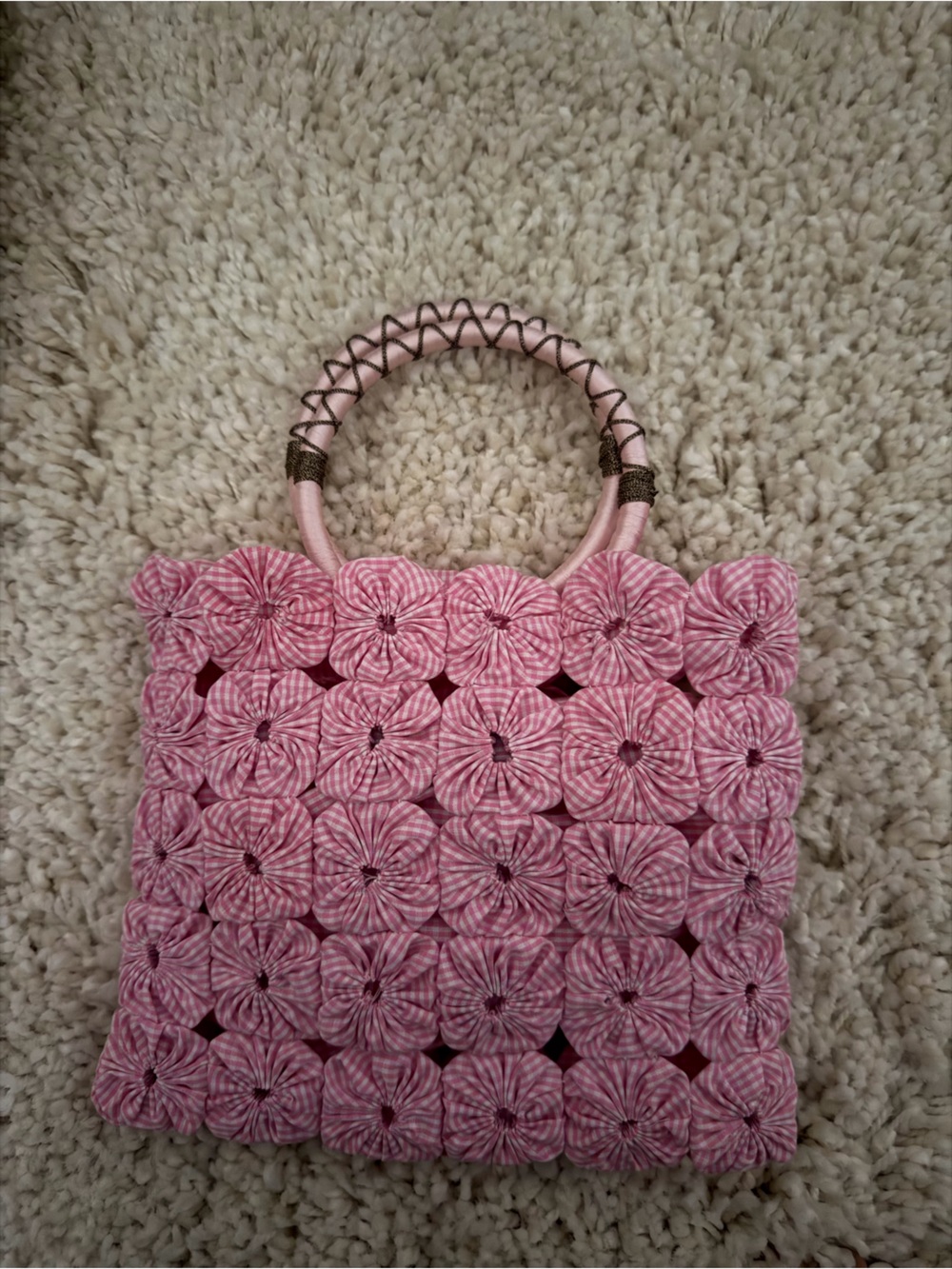 Pink Floral Crochet Handle Tote Bag